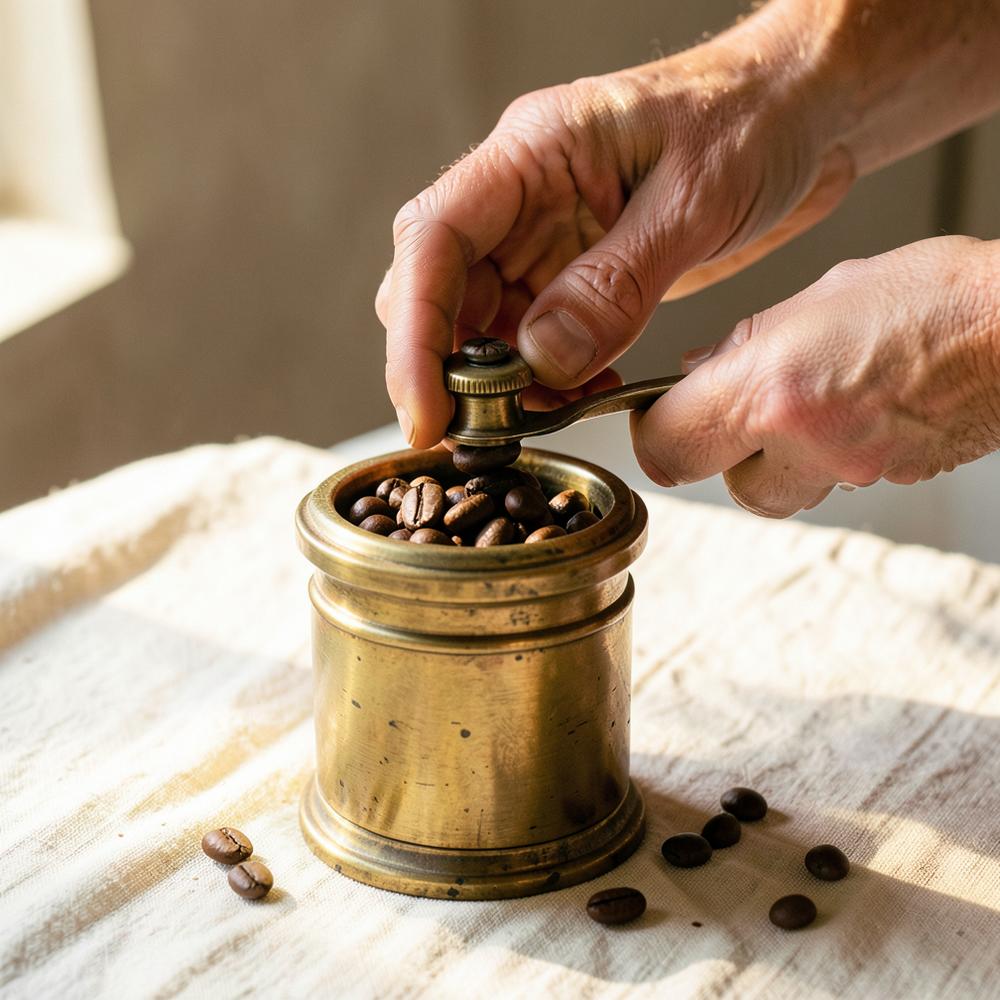 Hands grinding coffee beans in a vintage brass grinder
